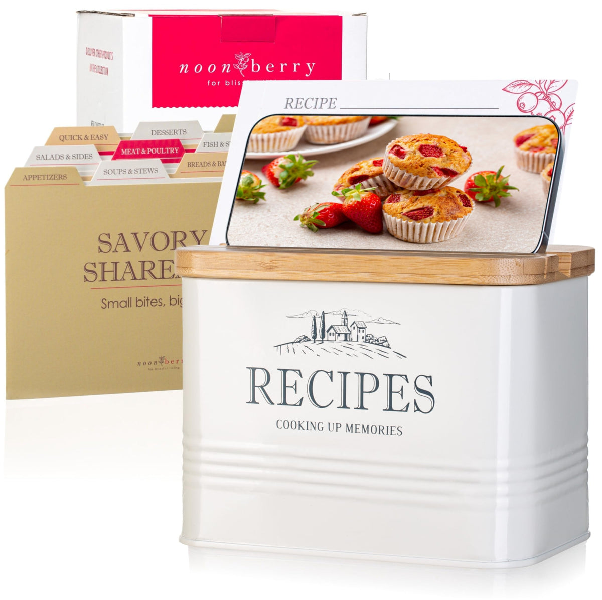 Noonberry recipe box with wooden lid displaying organized cards for easy cooking