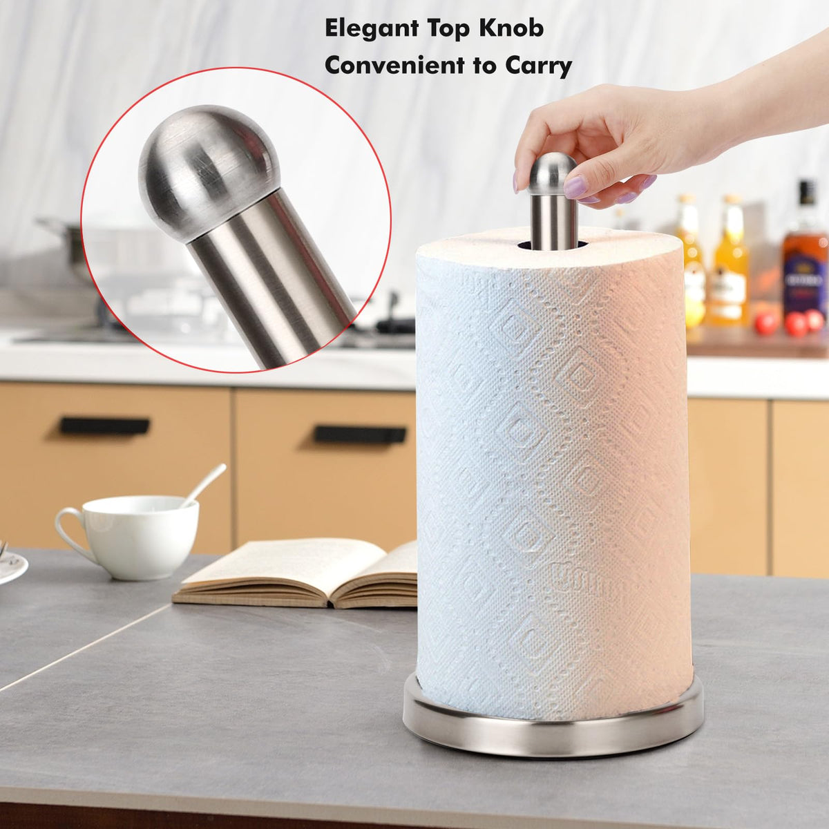 Noonext countertop stand enables one-handed tearing with minimal tipping.