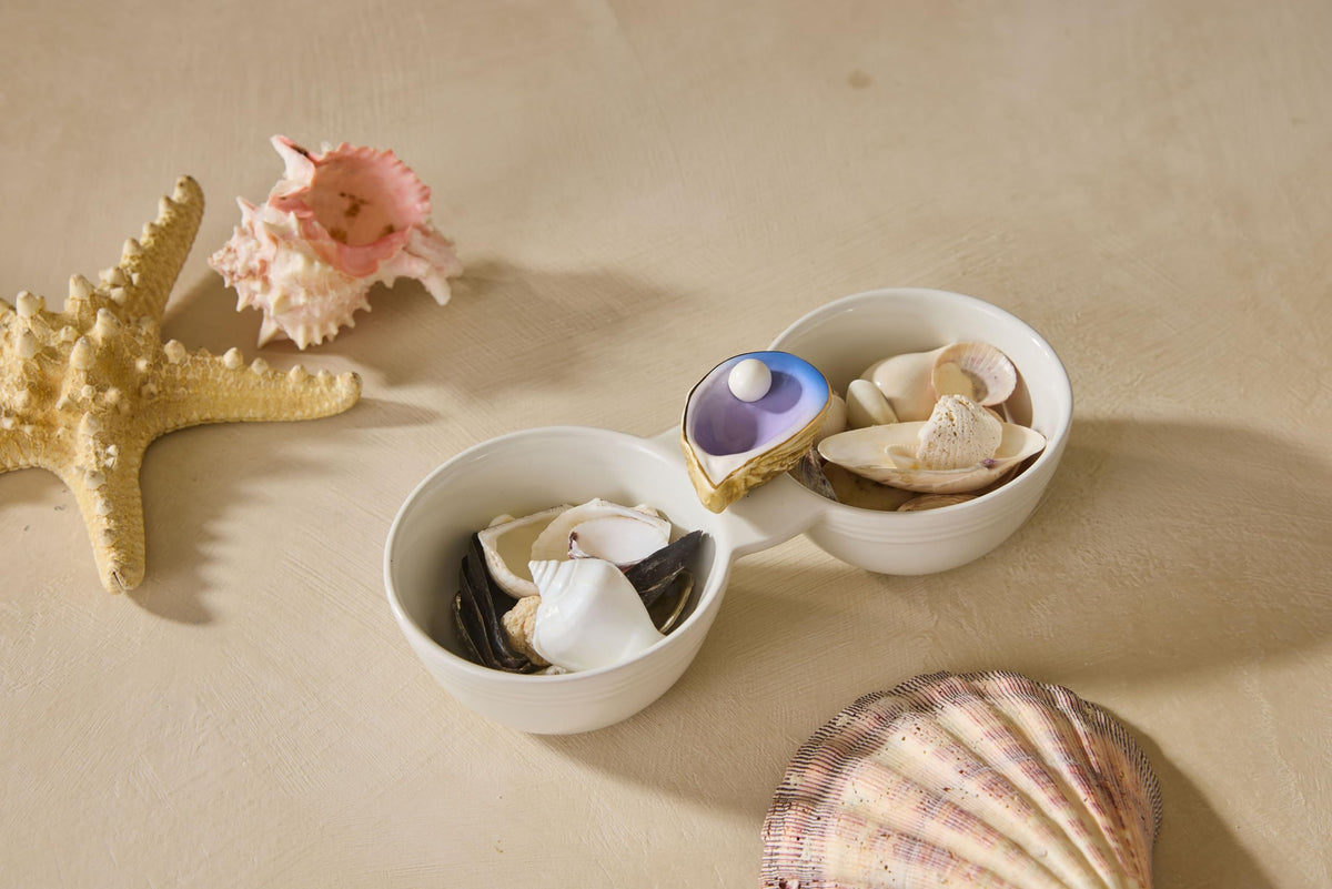 Nora Fleming Shuck Yeah oyster shell mini on a desk or shelf, ceramic detail