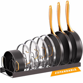 Norcalway adjustable bakeware organizer under cabinet with 14 dividers keeps pans organized.
