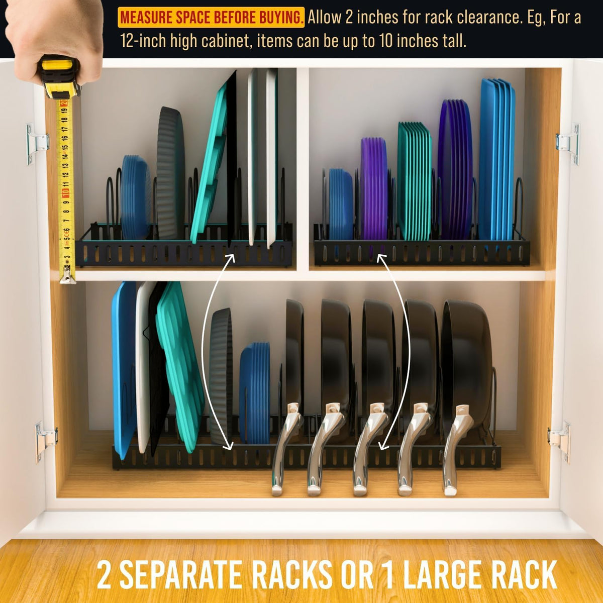Norcalway all-in-one storage for pans, lids, and bakeware.