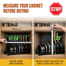 Norcalway extendable pan organizer shows adjustable length fitting tight spaces.