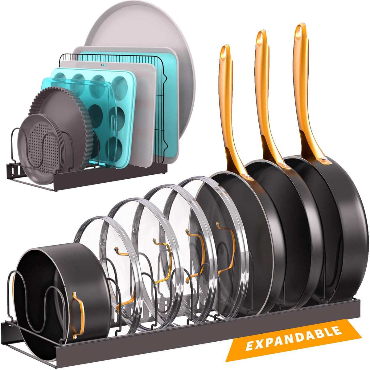 Norcalway under-cabinet bakeware organizer with 11 dividers keeps pans organized and accessible.