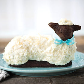 Nordic Ware 3D Lamb Cake Pan side view with two halves ready to join.