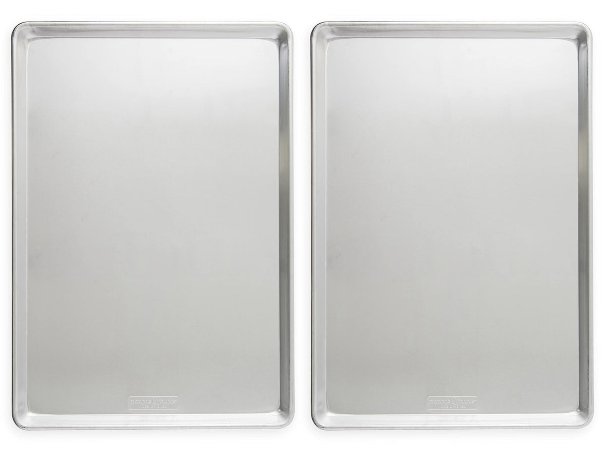 Nordic Ware aluminum full-sheet pan showing interior dimensions for commercial ovens.