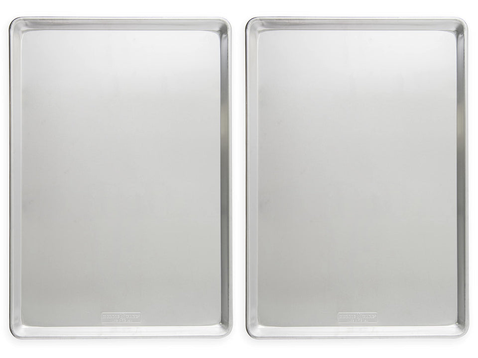 Nordic Ware aluminum full-sheet pan showing interior dimensions for commercial ovens.