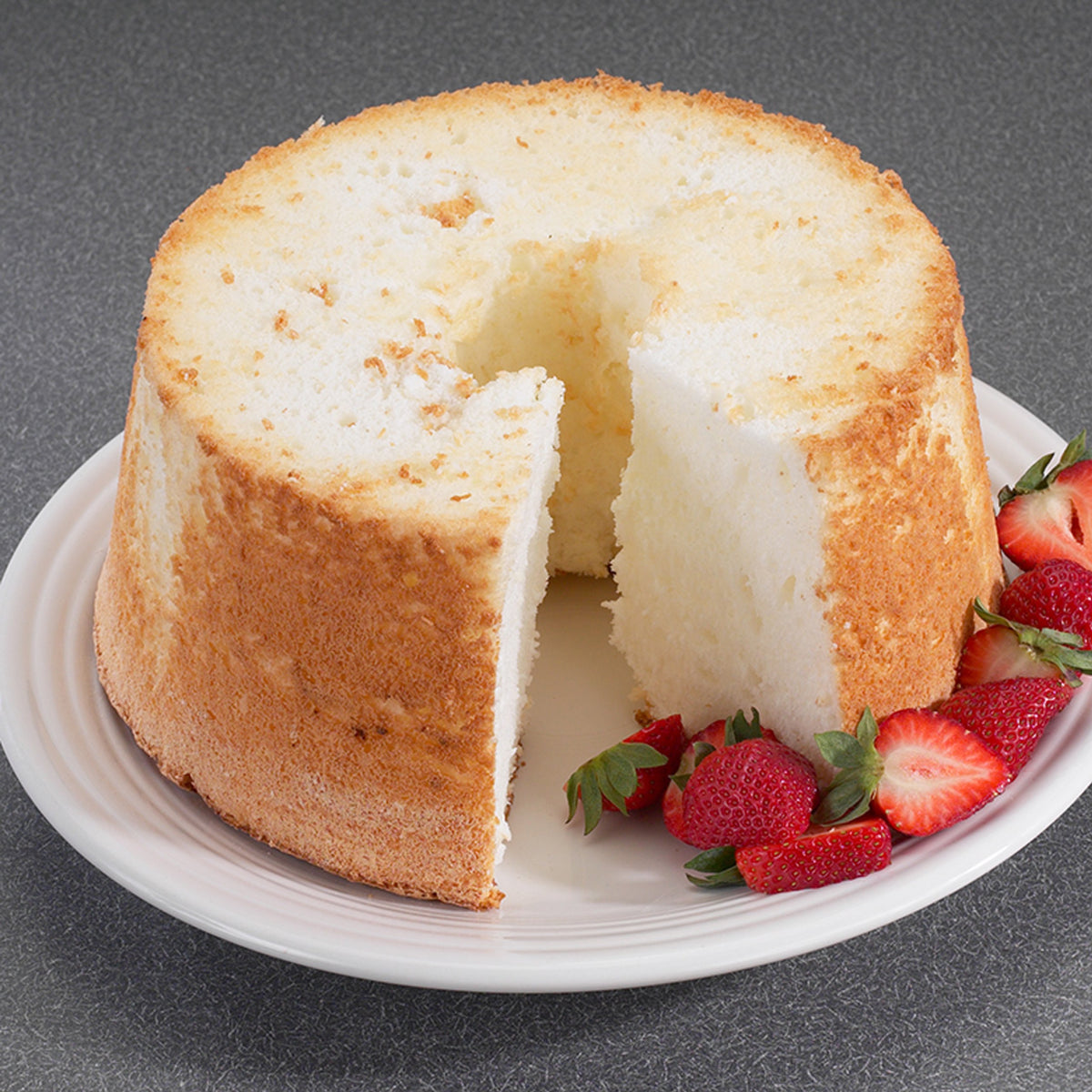 Nordic Ware Angel Food Cake Pan 16 Cups side view, highlighting sturdy aluminum construction