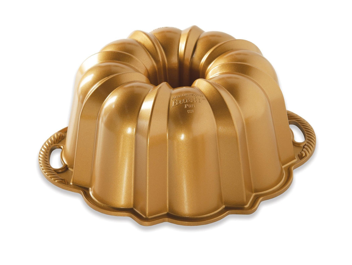 Nordic Ware Anniversary Bundt 12-Cup exterior with gleaming gold finish for premium baking
