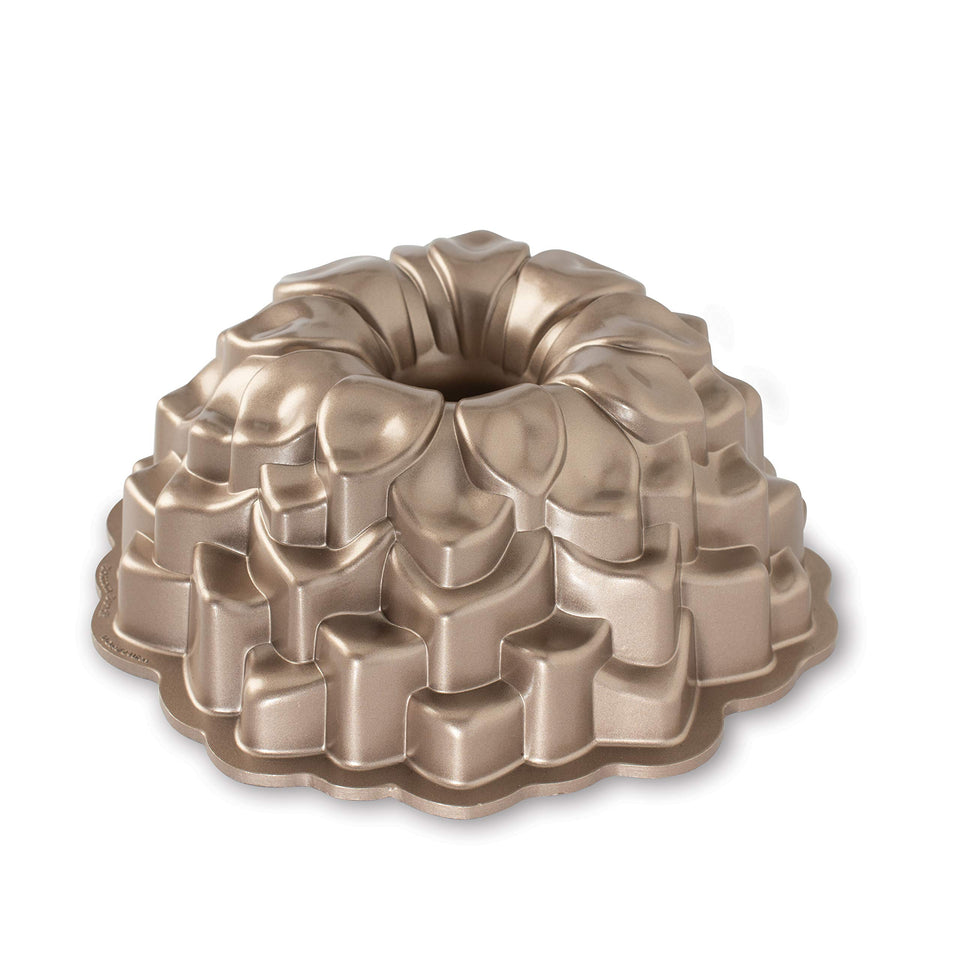 Nordic Ware Blossom Bundt Pan Toffee front view shows intricate petals and even browning.
