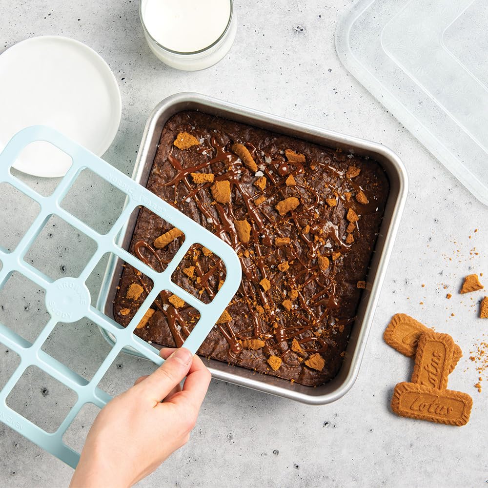 Nordic Ware Brownie Buddy Cutter slices brownies cleanly in the 9-inch pan.