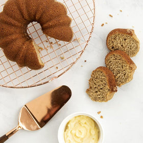 Nordic Ware Bundt pan Twilight Blue interior nonstick enables easy release.