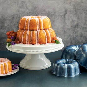 Nordic Ware Twilight Blue 6-cup Bundt pan ensures balanced heat for consistent results.