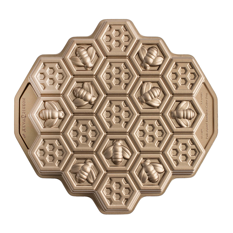 Nordic Ware honeycomb pull-apart pan for precise cakelet shapes and easy release.
