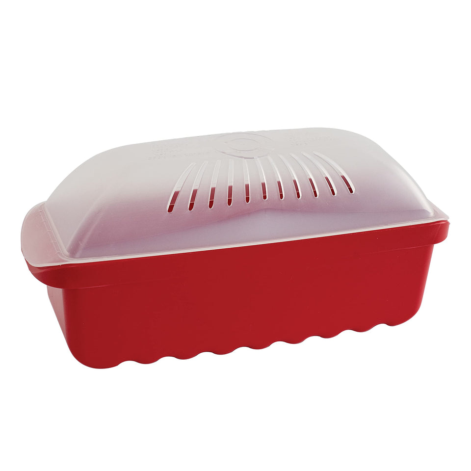 Nordic Ware microwave pasta cooker red, side view, for fast, mess-free meals.
