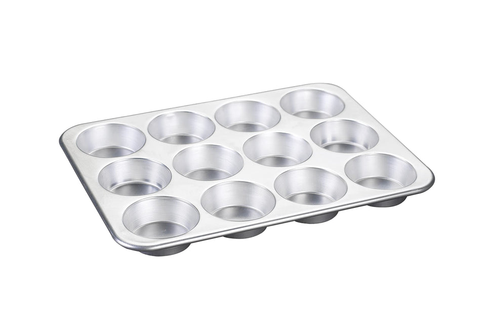 Nordic Ware natural aluminum muffin pan front view shows durable construction for even browning