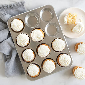 Nordic Ware muffin pan stacked for compact storage and durability