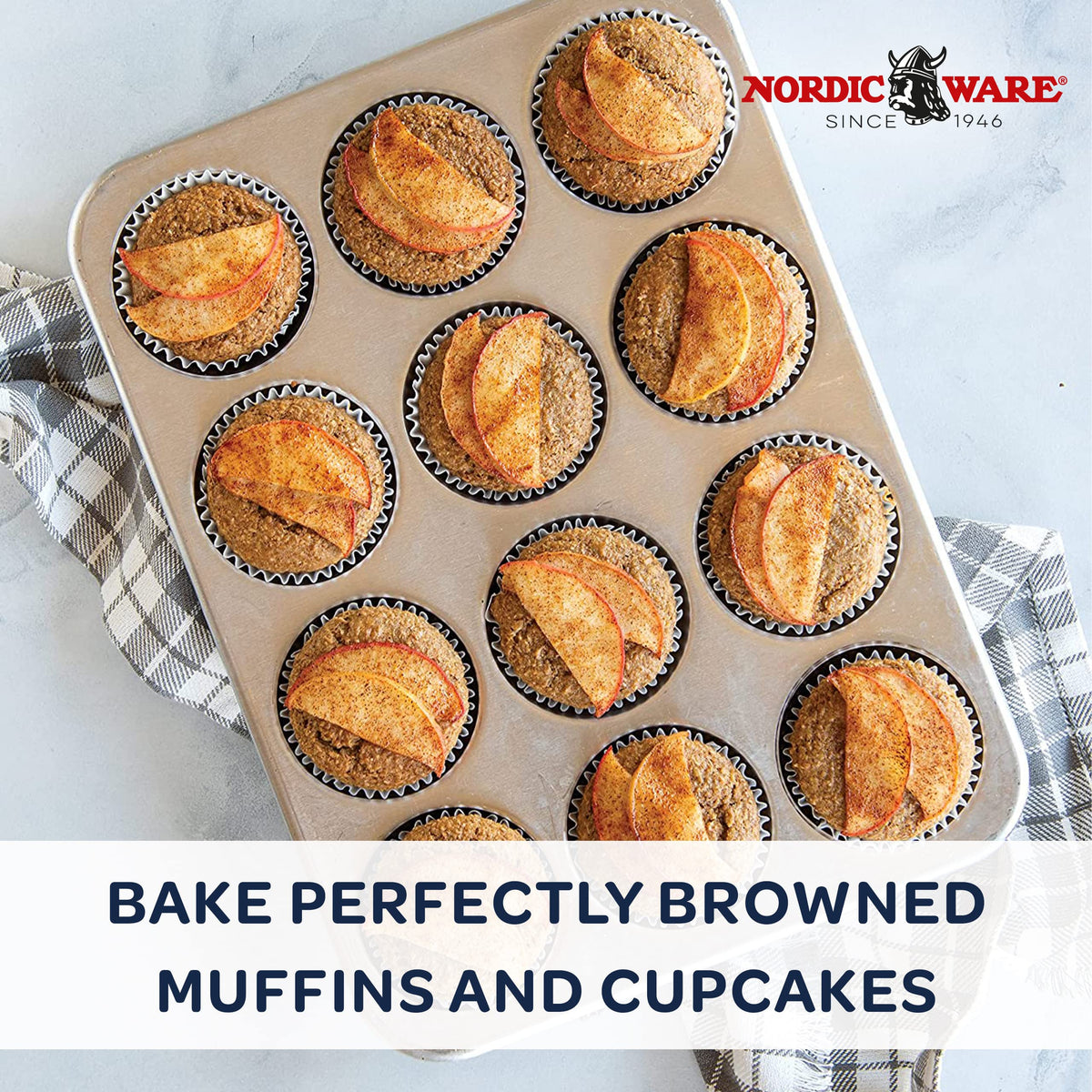Nordic Ware muffin pan top view highlights pure aluminum heat conductivity for consistent results