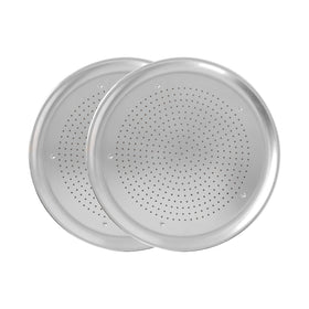 Nordic Ware Naturals 16-inch pizza pan close-up showing perforated center for airflow and crisp crust.