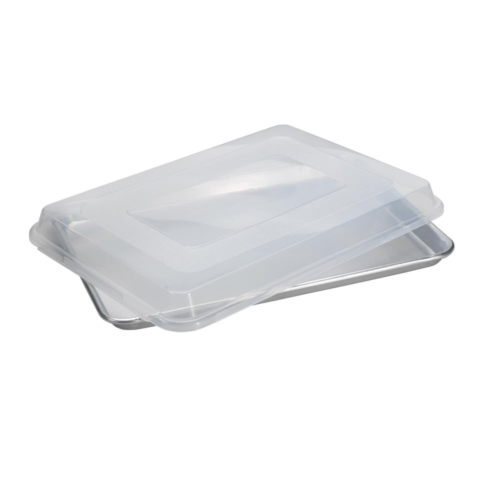 Nordic Ware Naturals Half Sheet with Lid, lid-on view for secure transport of baked goods
