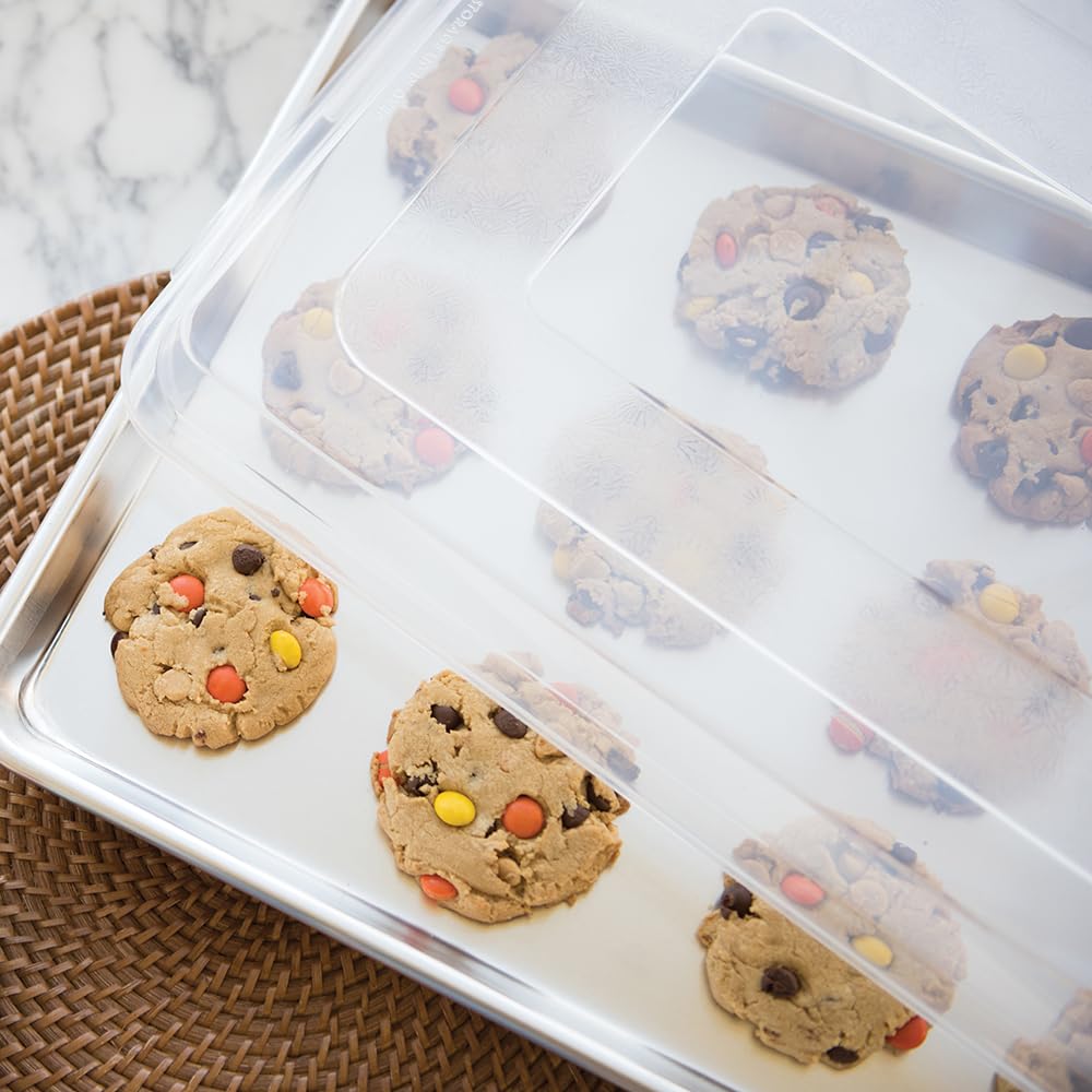 Nordic Ware Naturals two half sheet pans with lid demonstrate easy transport and storage
