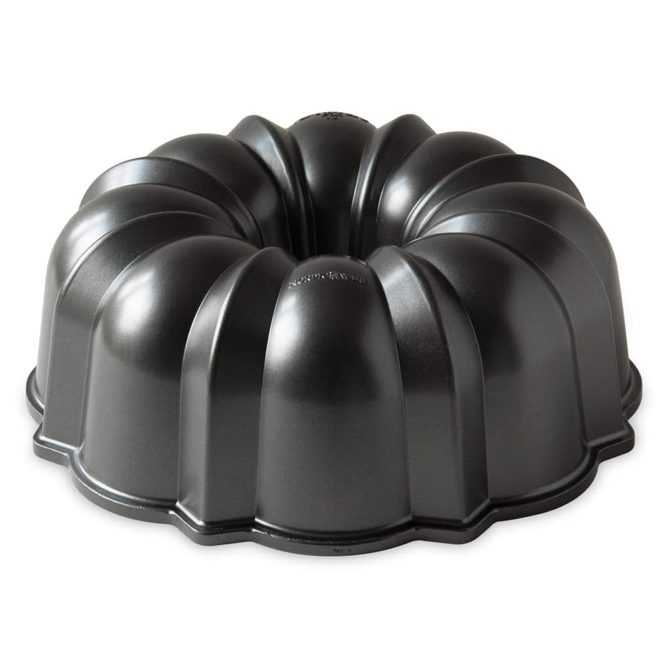 Nordic Ware Original Bundt graphite detail shot highlighting crisp cake detail.