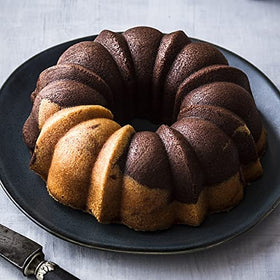 Nonstick silicone coating on Nordic Ware Bundt pan for easy release.