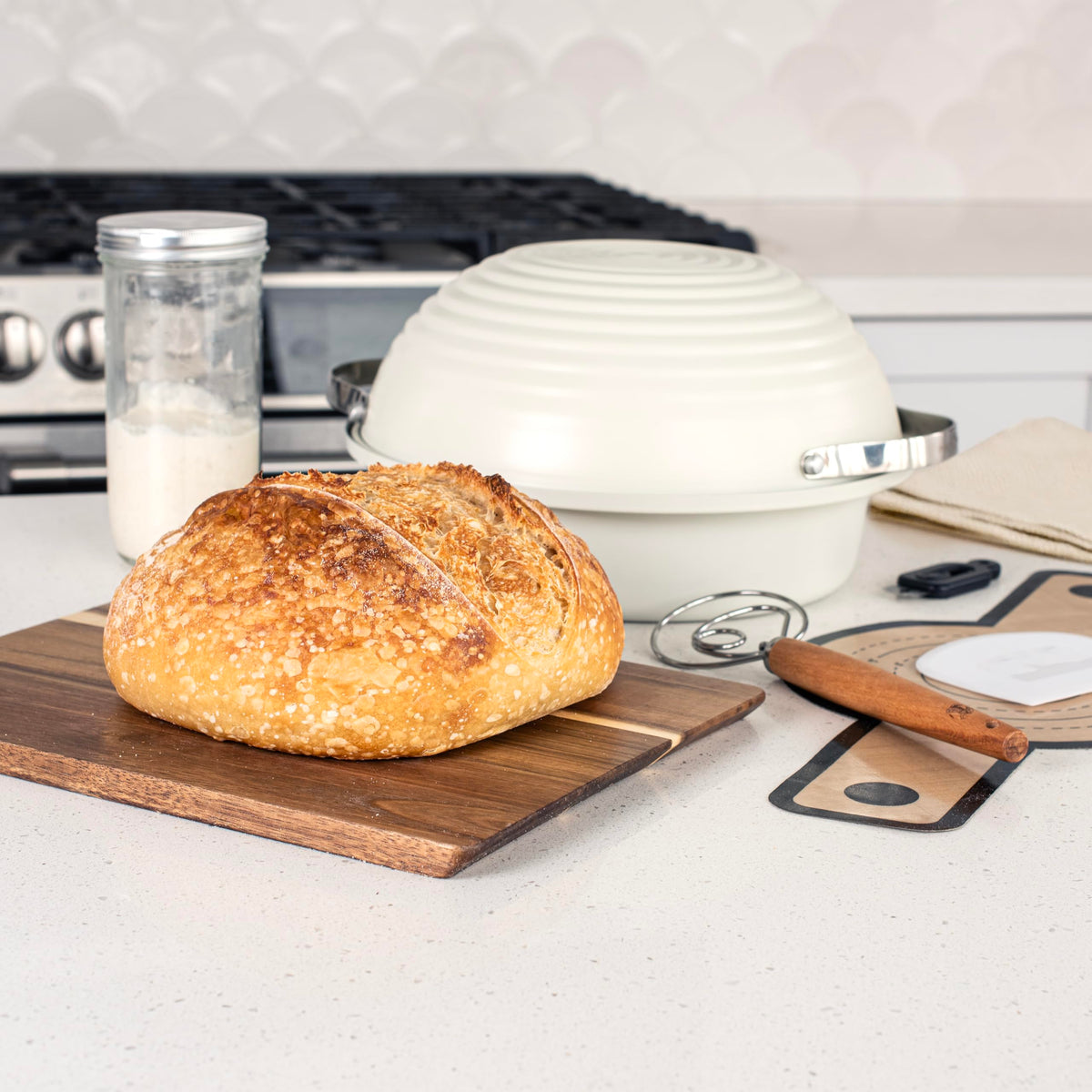 Nordic Ware Simply Sourdough lid used as banneton proofing basket for dough rise.
