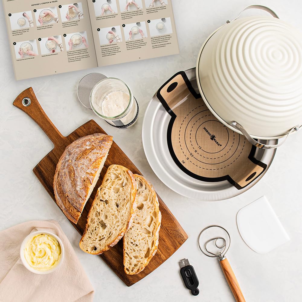Nordic Ware Simply Sourdough glass starter jar with tracker band for monitoring starter readiness.