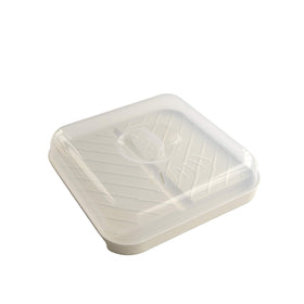 Nordic Ware slanted bacon tray with lid in white preserves a clean workspace and easy disposal.