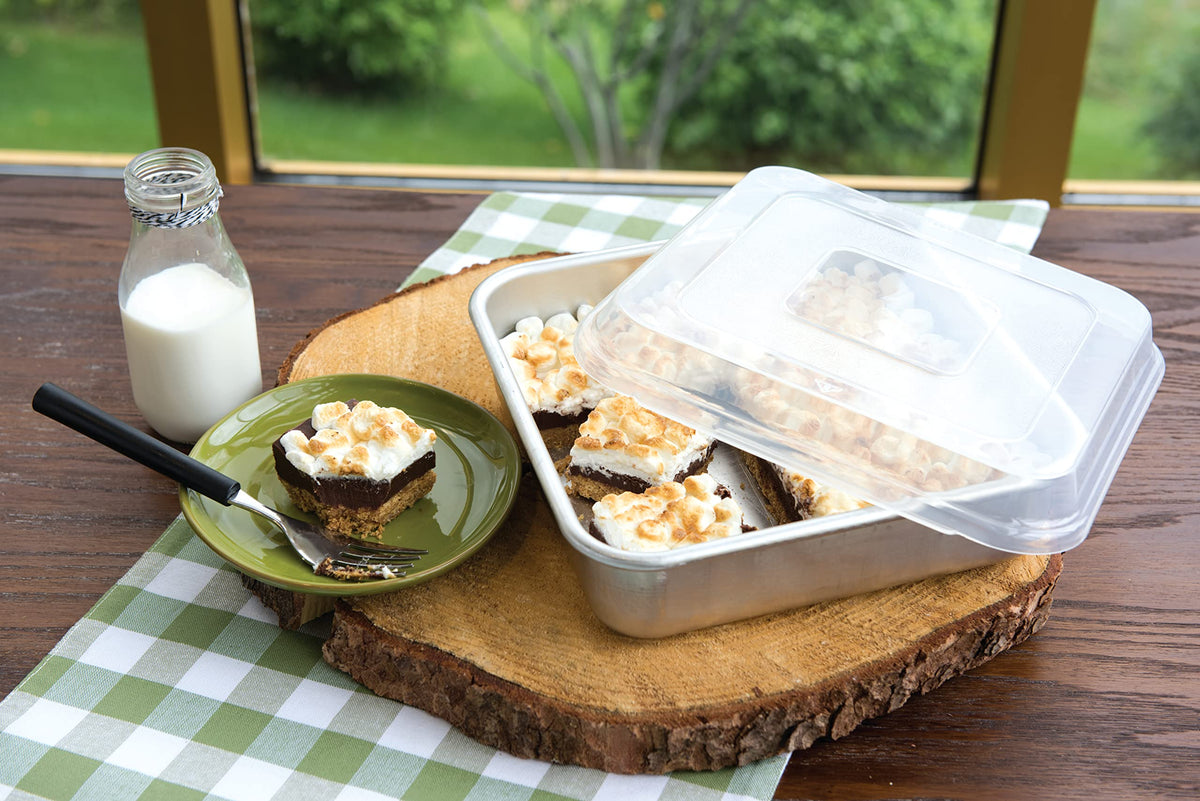 Nordic Ware square pan with lid closed for easy transport.