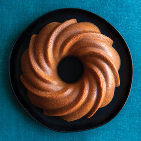 Nordic Ware swirl Bundt pan browns evenly for consistent texture.