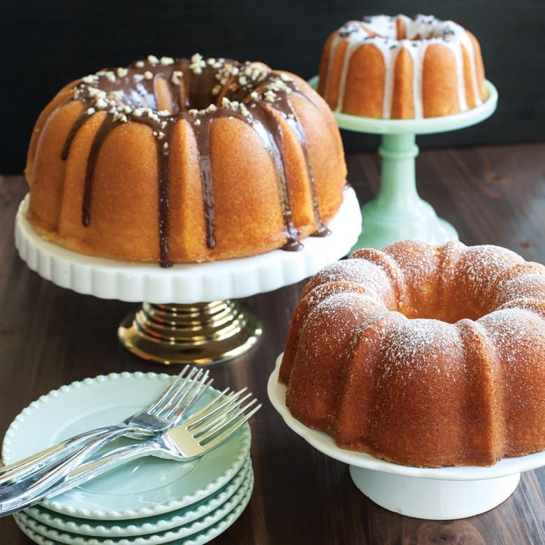 Nordic Ware Twilight Blue Bundt pan nonstick interior enables smooth release.