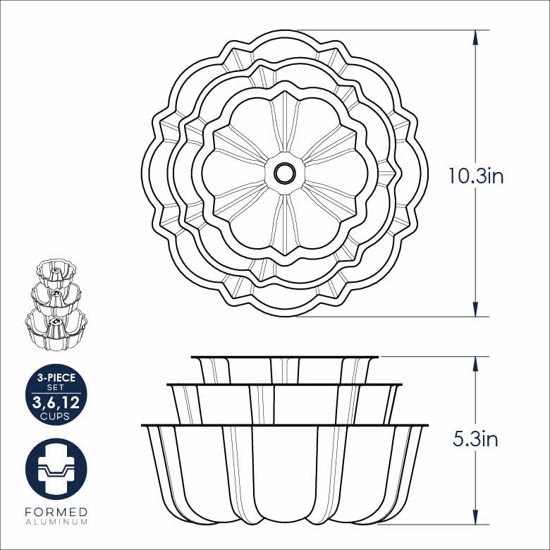 Nordic Ware US-made Bundt pan highlights durable aluminum construction.