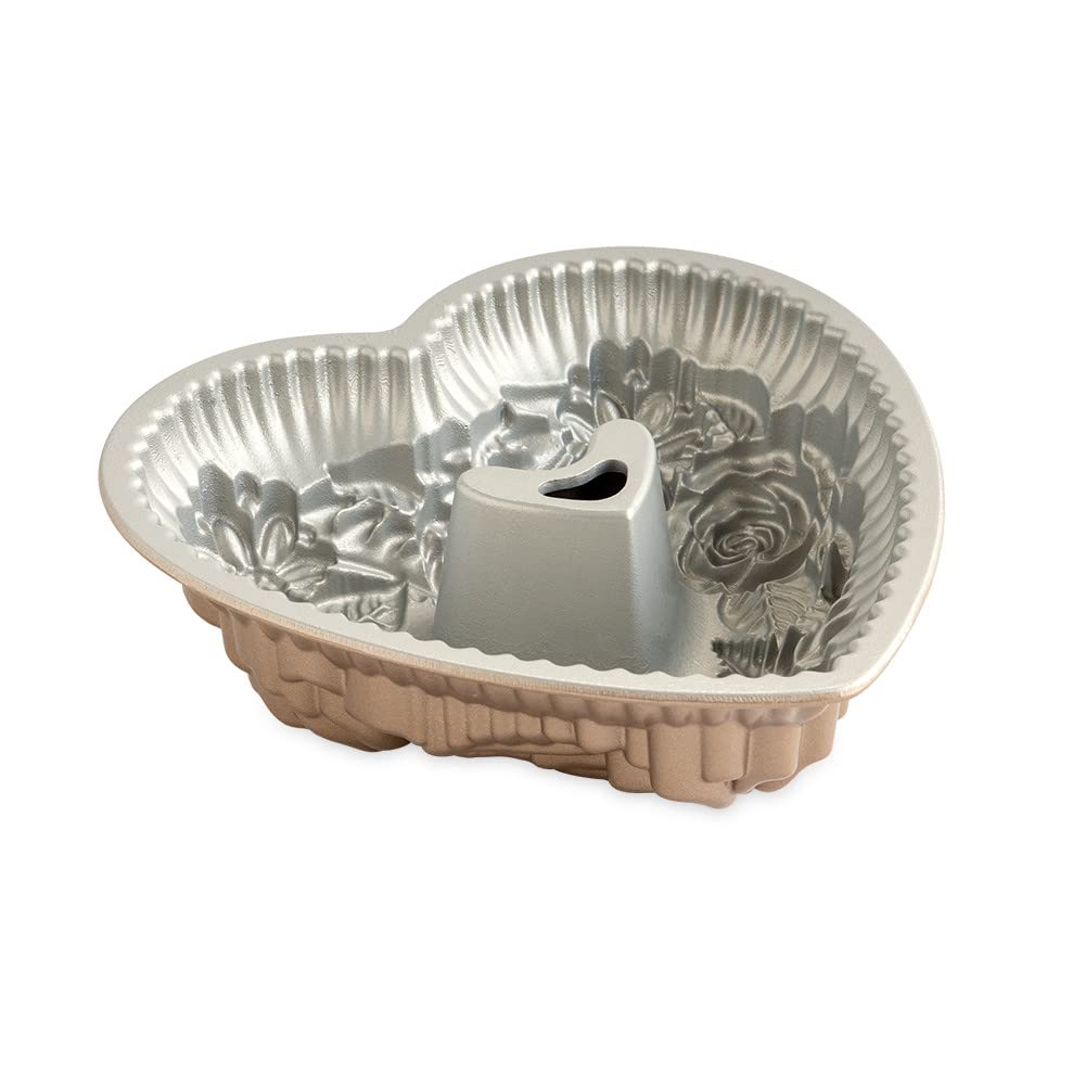 Nordic Ware Wildflower Heart Bundt Pan measures 9.4 x 9.3 x 2.6 inches for six-cup capacity
