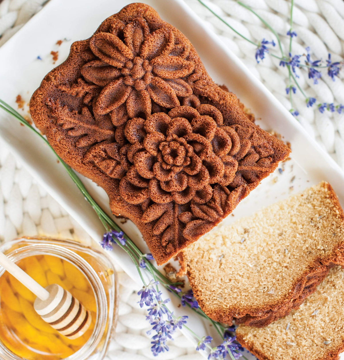 Nordic Ware Wildflower Loaf Pan nonstick surface for easy release and cleanup.