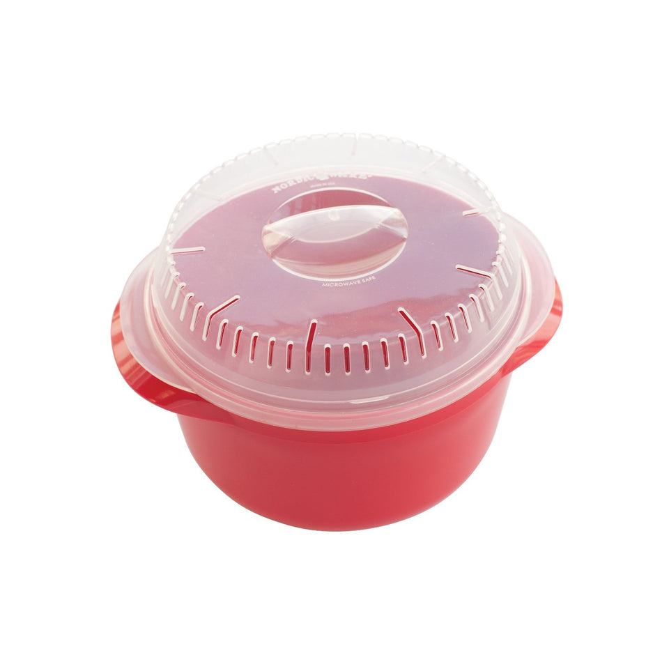 Nordic Ware microwave multi-boiler in red, compact for rice, pasta, and oatmeal