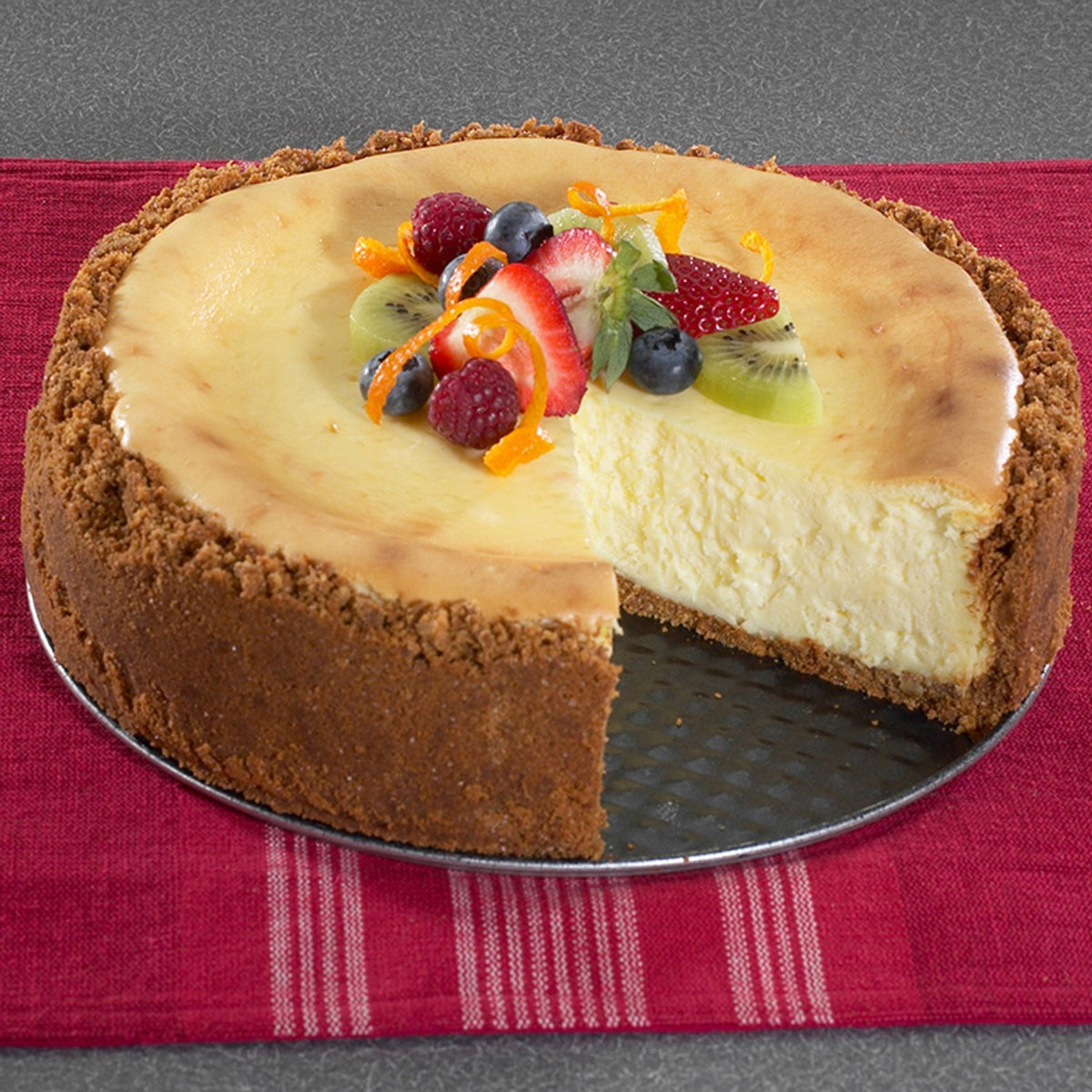 Nordic Ware springform with removable band and buckle for clean unmolding.