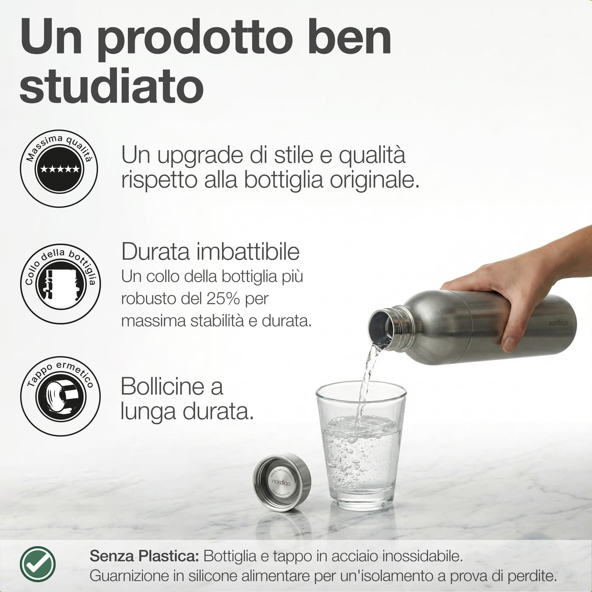 Nordiqo Premium 33oz bottle emphasizes an environmentally-conscious, long-term reuse solution.
