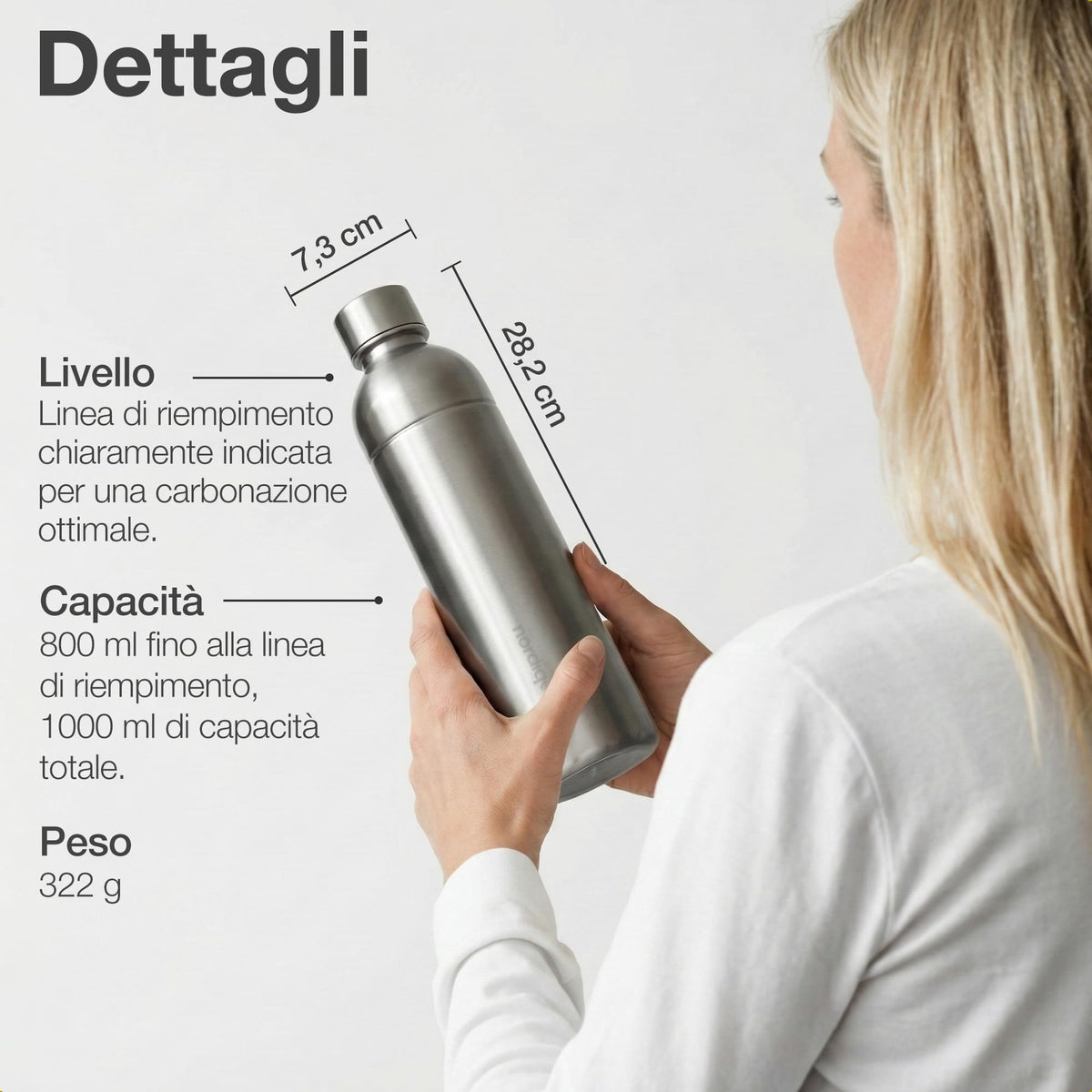 Nordiqo Premium 33oz bottle shows a durable stainless-steel body with a sleek look.