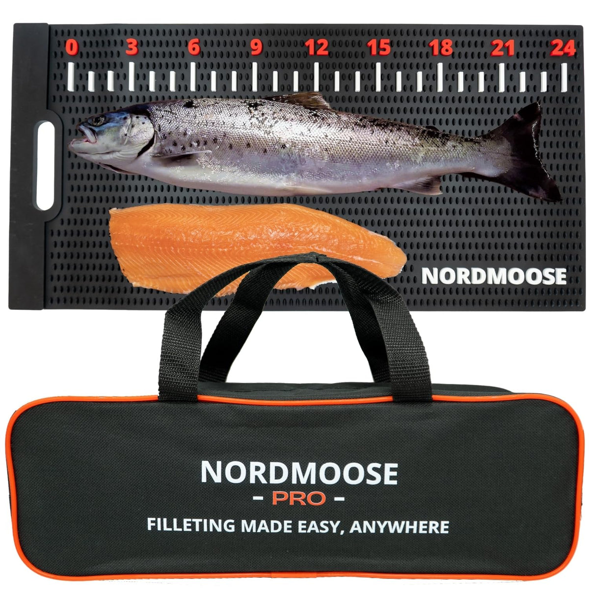 Nordmoose fish fillet mat with storage bag ready for portable cleaning tasks.