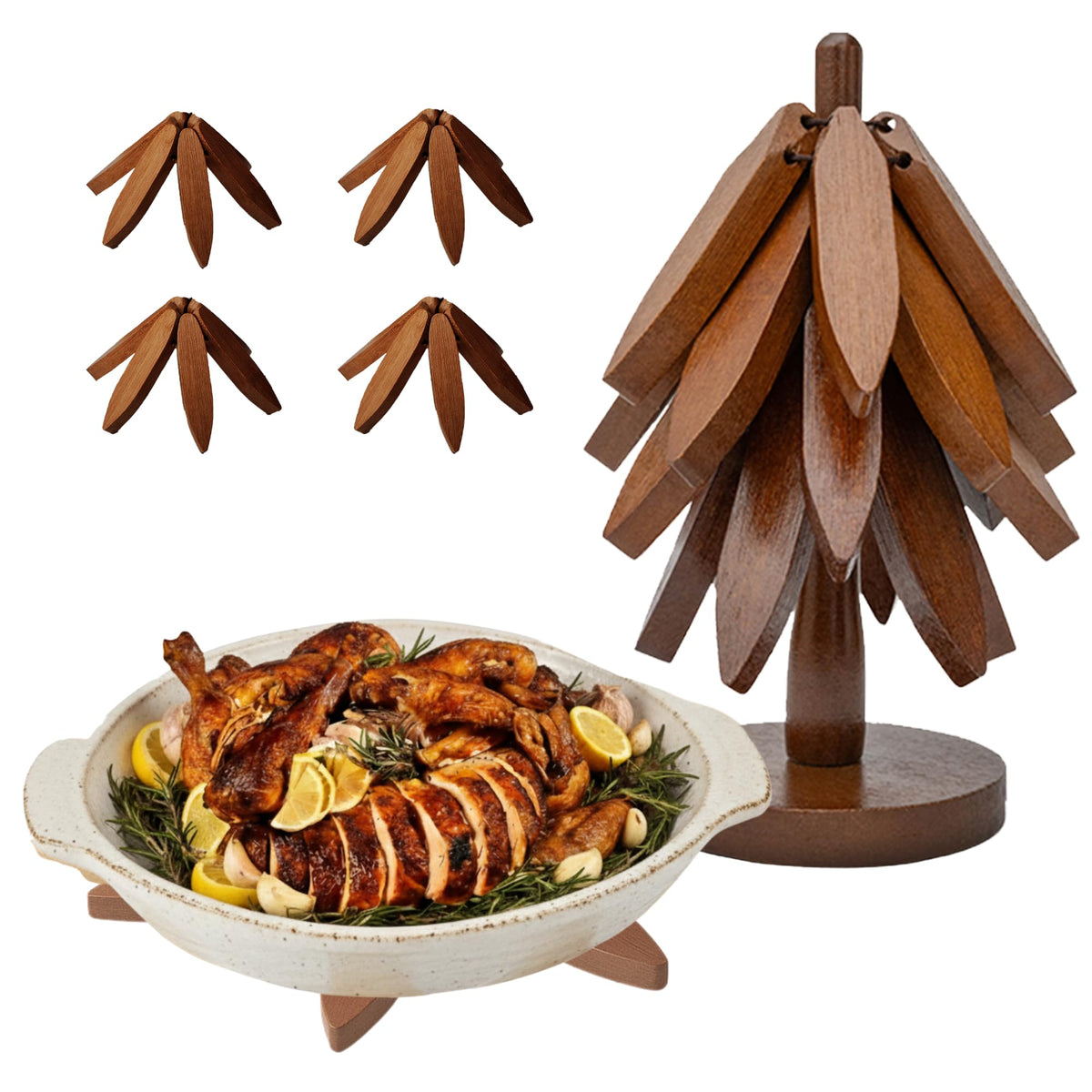Nordora tree trivet in walnut foldable setup protecting hot dishes
