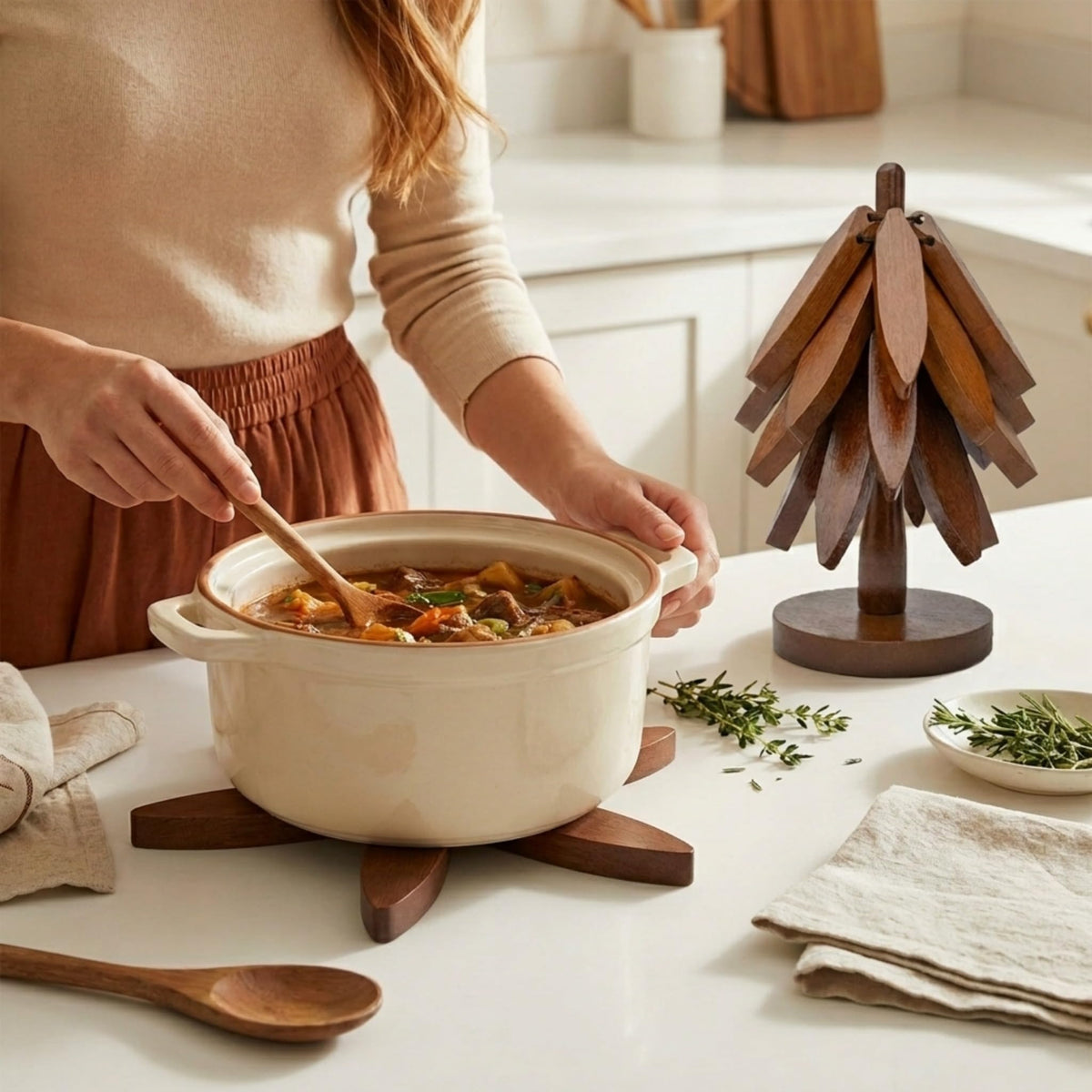 Nordora walnut heat protection on counter under pots