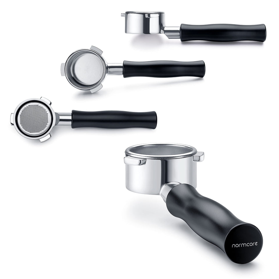 Normcore 54mm bottomless portafilter for precise extraction visualization.