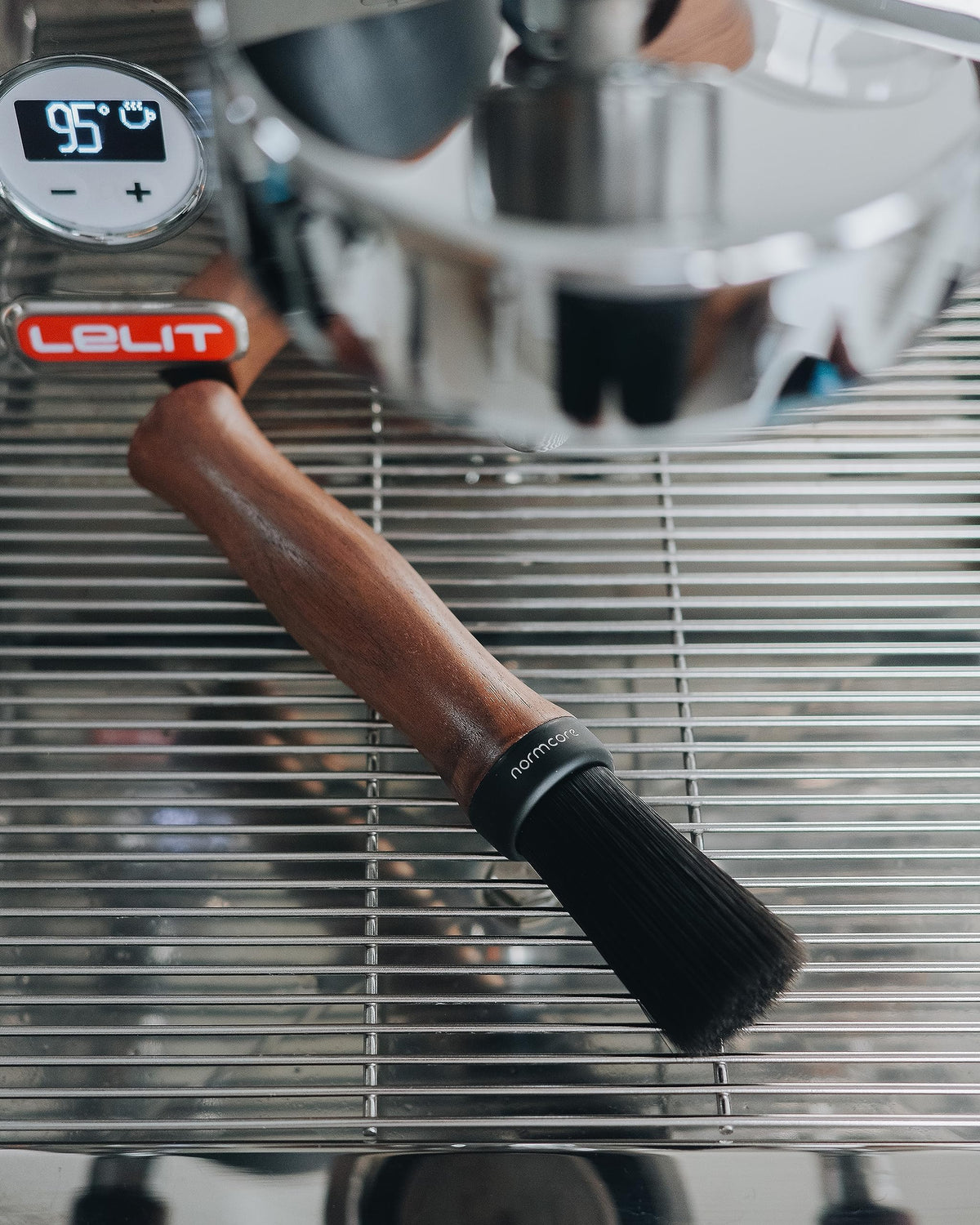 Normcore Barista Brush with oak handle for natural feel while cleaning.