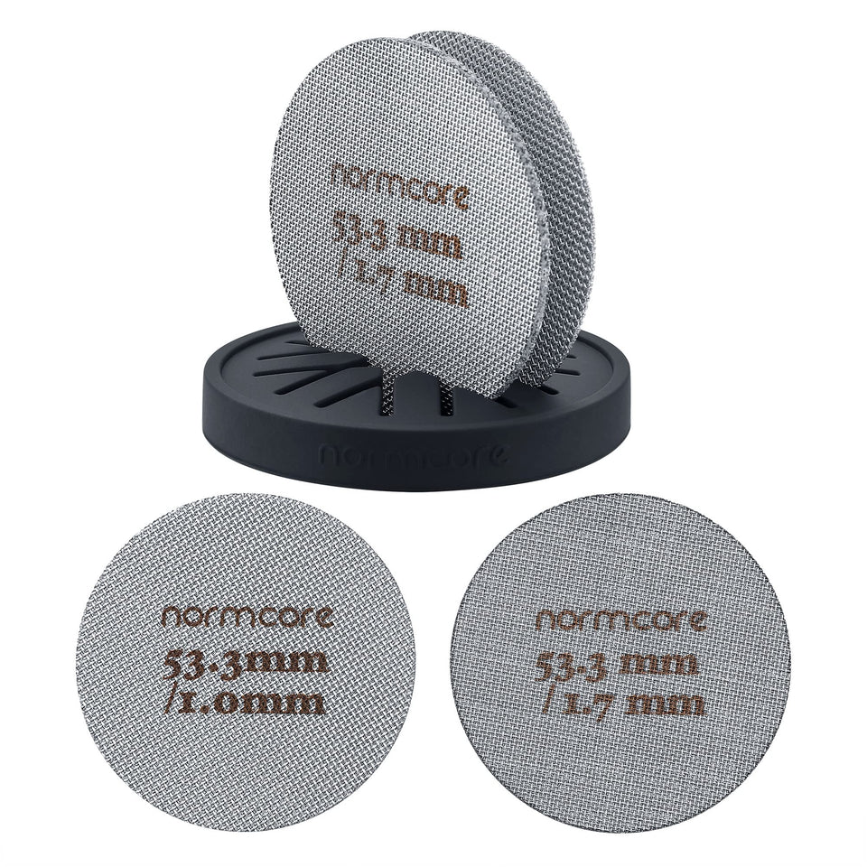Normcore puck screen 53-3mm with stand promotes even extraction.