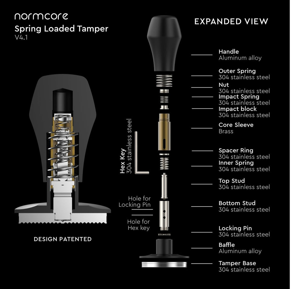 Normcore V4.1 tamper handle in anodized aluminum for durability.