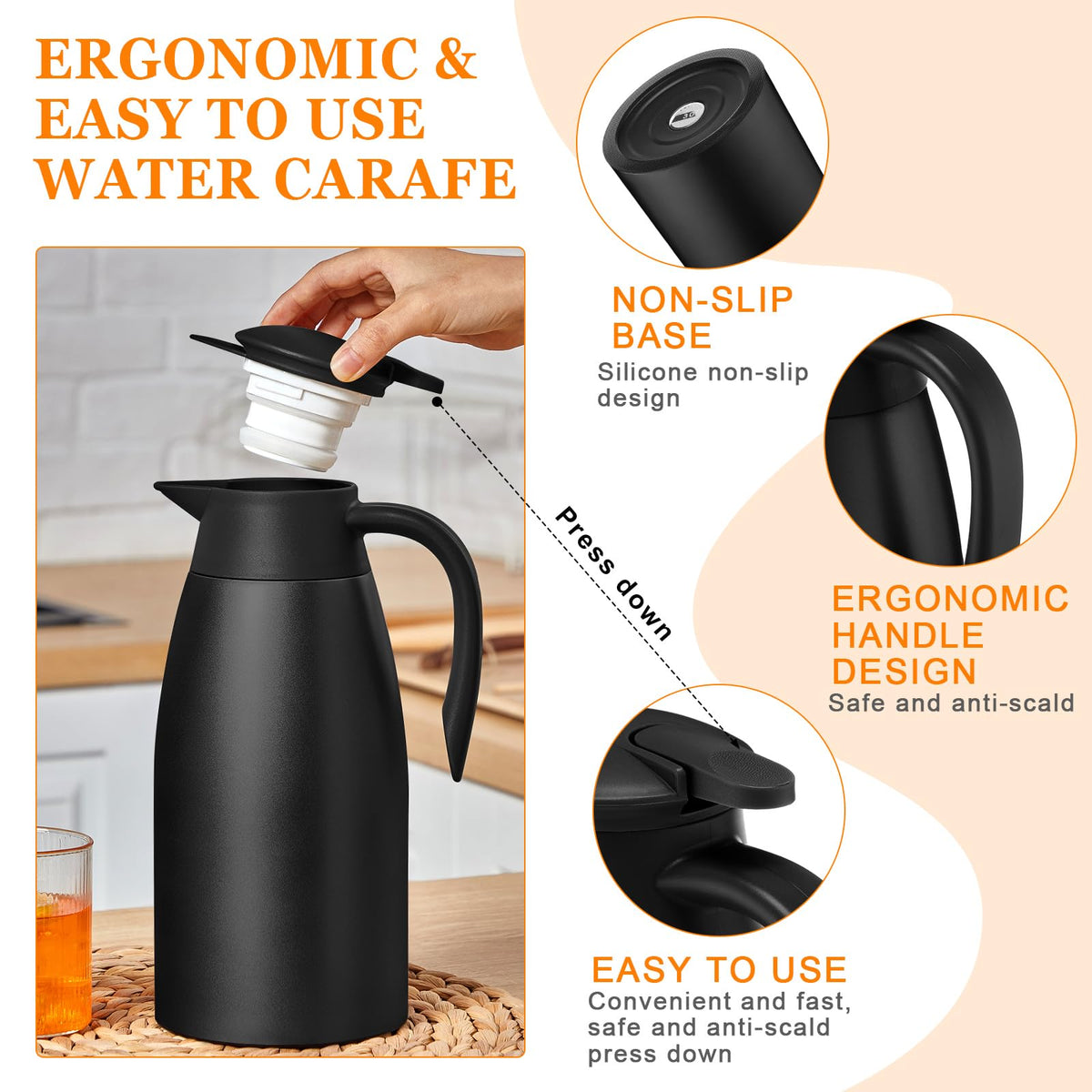 Norme carafe with bent handle highlights easy grip for comfortable pouring.