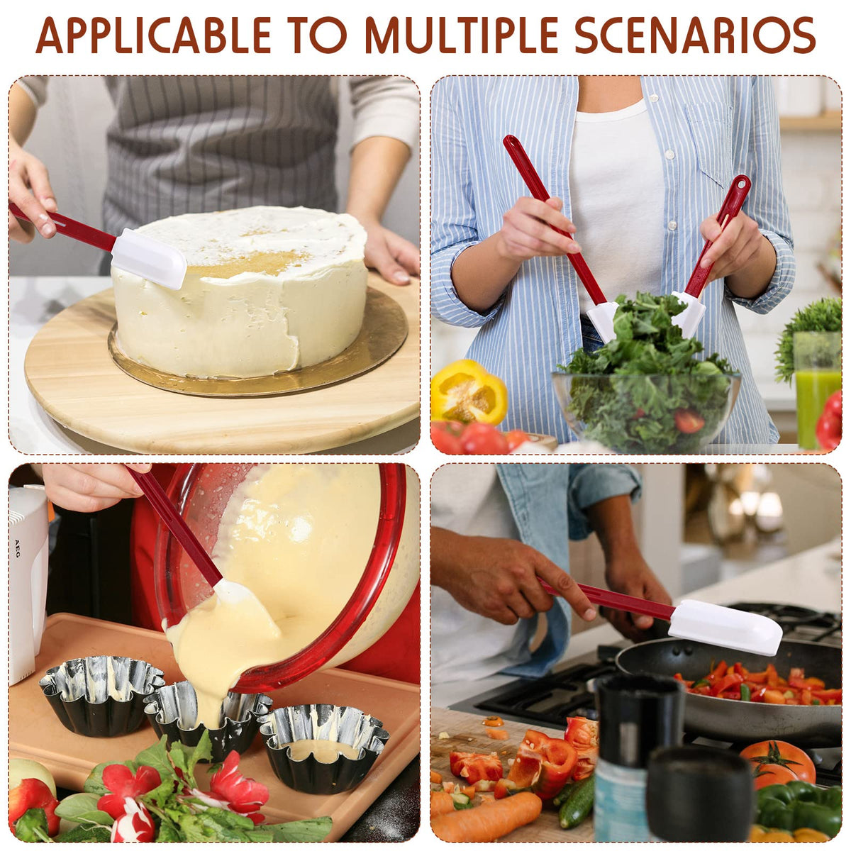 Norme silicone heads curved for thorough scraping of cookware edges.