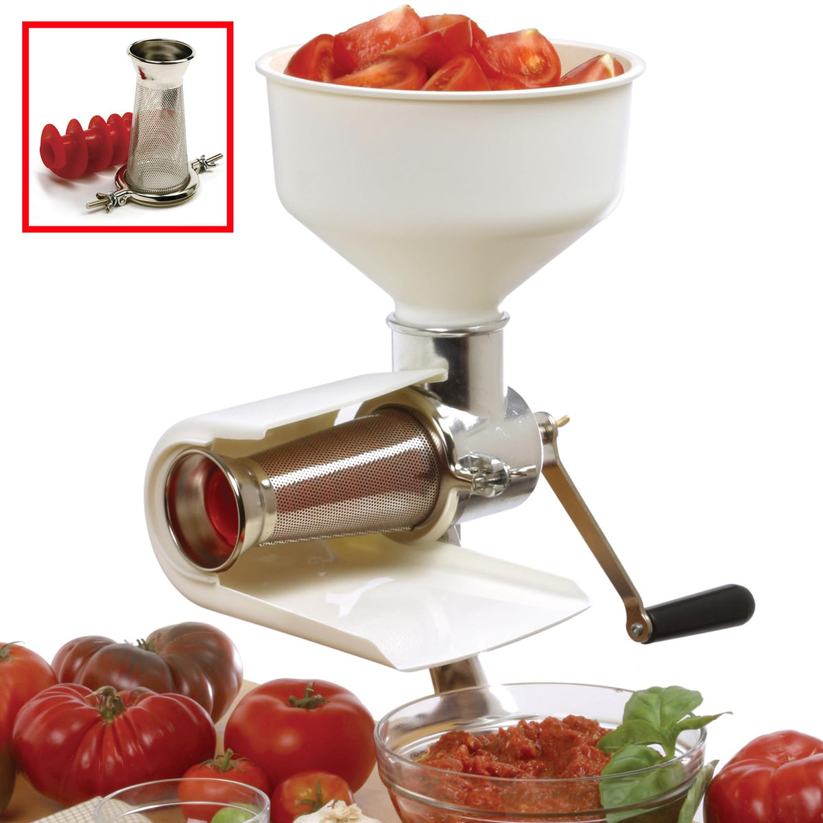 Norpro 1951 Sauce Master screen closeup showing durable chrome-plated mesh for smooth straining