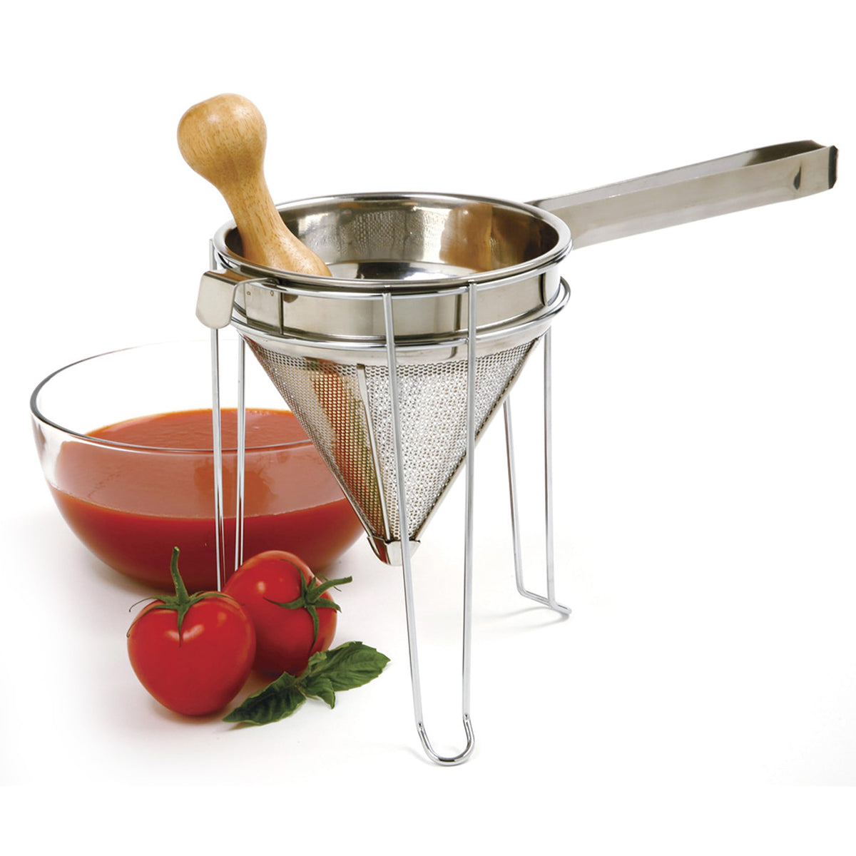 Norpro 642 chinois wooden pestle gently pressing for even purée texture
